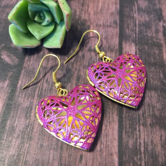 Hand Crafted Jewelry - pink & iridescent purple heart locket earrings